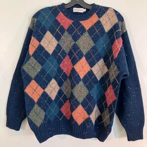 Fisherman Out‎ of Ireland Argyle Blue Wool Crewneck Sweater
